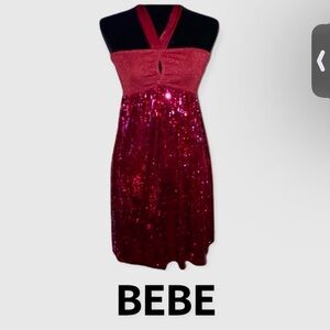 Authentic Bebe red sequins halter strapless dress sz S